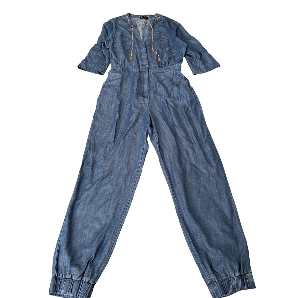 Bebe Blue Chambray Denim Jumpsuit Gold Chain Detail Jogger Cuff Small Casual